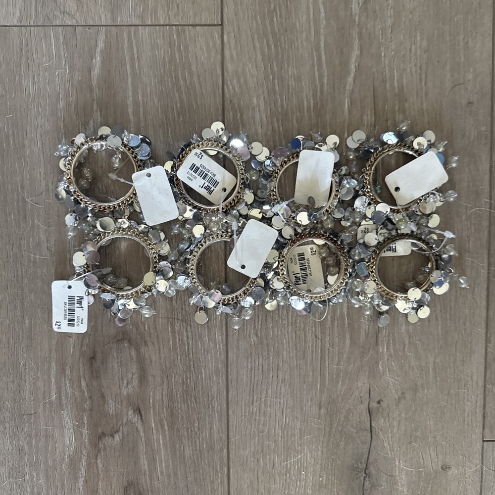 Set of 8 Pier One Napkin Rings Silver Beaded Never Used Silver Sequin Sparkly